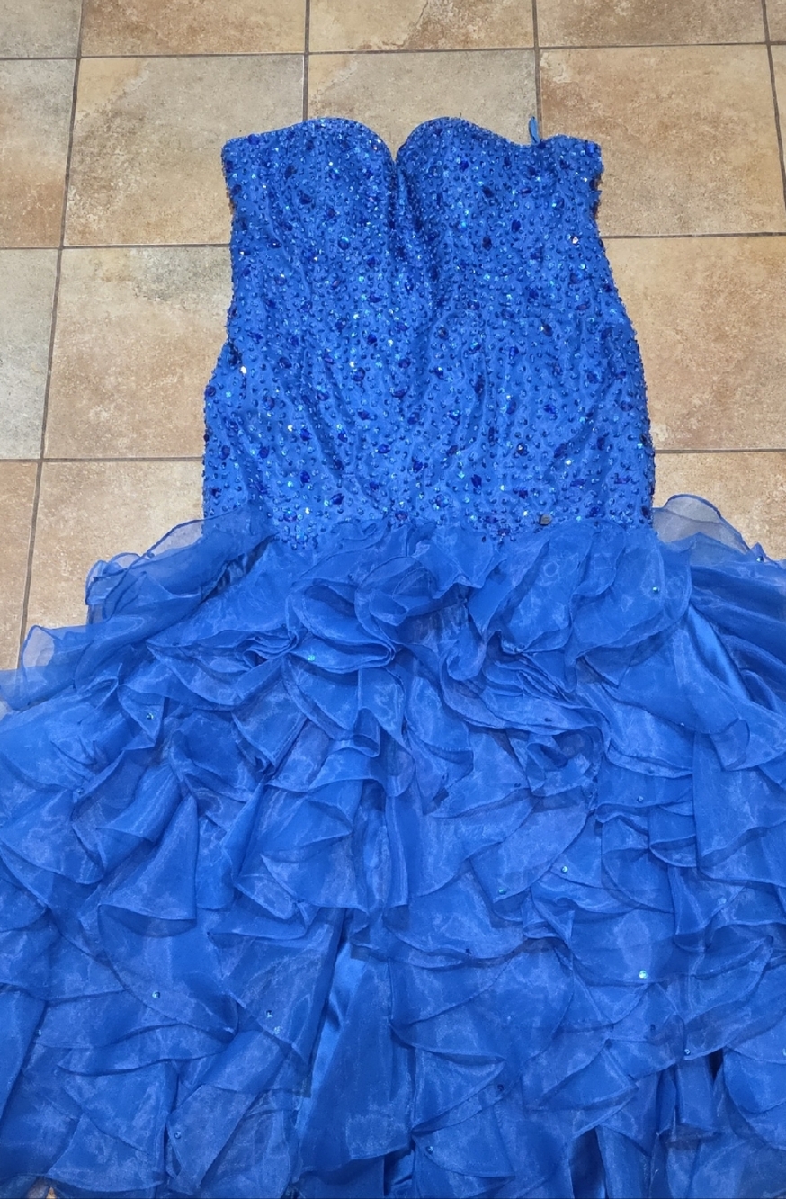 Strapless Beaded Cobalt Blue Ruffle Prom Dress